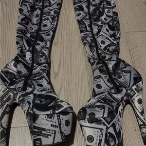 Pleaser Black and Gray Money Print Heeled Boots